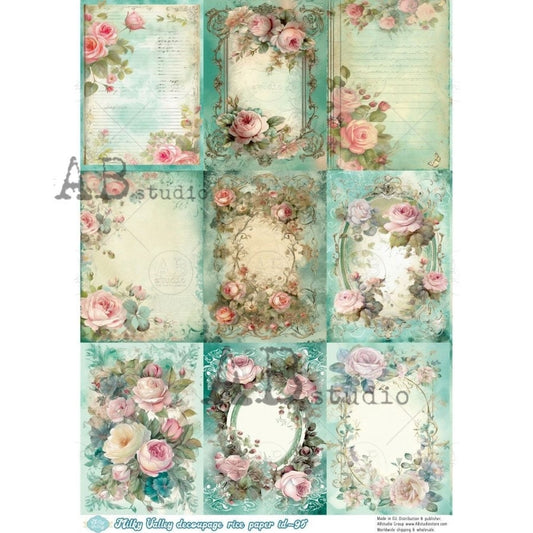 AB Studio, Vintage Roses, Green Watercolor, Squares, Shabby Chic, Milky Valley, ID-95, A4 8.27 X 11.69 in, Rice Paper, Decoupage, Imported