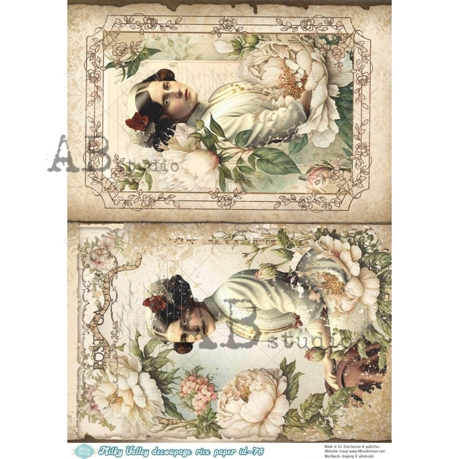 AB Studio, Rice Paper, Decoupage, Vintage Women Portraits, White Peonies, Framed, Shabby Chic, Milky Valley, ID-76, A4 8.27 X 11.69 Imported