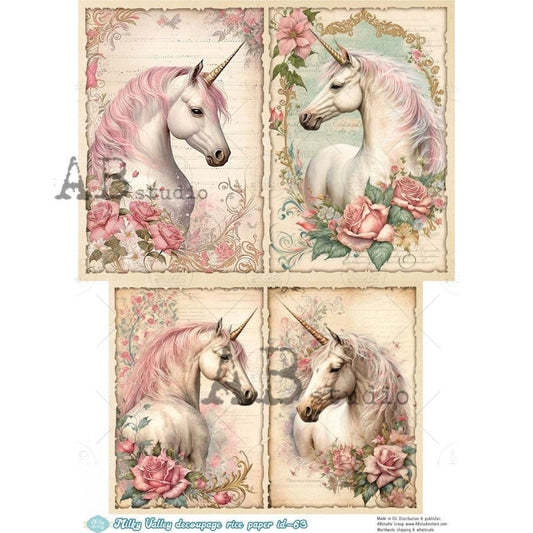 AB Studio, Rice Paper, Decoupage, White Unicorns, Pink Roses, Vintage style Frames Shabby Chic, Milky Valley, ID-63, A4 8.27 X 11.69