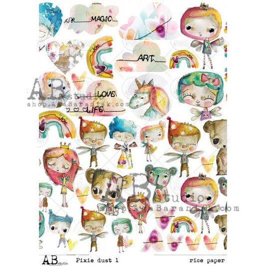 AB Studio, Rice Paper, Decoupage, Pixie Dust 1, Hearts, Love, Rainbows, Children, Unicorn, Colorful, A4 - 8.27 X 11.69 in, Imported Poland