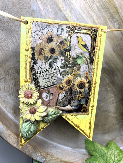 Handcrafted, Mixed Media, Shabby Chic, Decoupage, Flag, Banner, Bunting, Garland, Sunflowers, Fall, Autumn Decoration, Laser Cut MDF Handmade by Pamela