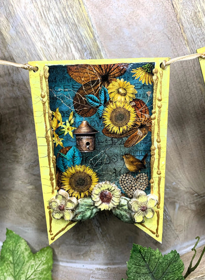Handcrafted, Mixed Media, Shabby Chic, Decoupage, Flag, Banner, Bunting, Garland, Sunflowers, Fall, Autumn Decoration, Laser Cut MDF Handmade by Pamela