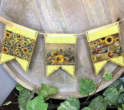 Handcrafted, Mixed Media, Shabby Chic, Decoupage, Flag, Banner, Bunting, Garland, Sunflowers, Fall, Autumn Decoration, Laser Cut MDF Handmade by Pamela