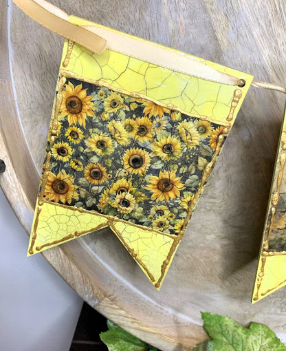Handcrafted, Mixed Media, Shabby Chic, Decoupage, Flag, Banner, Bunting, Garland, Sunflowers, Fall, Autumn Decoration, Laser Cut MDF Handmade by Pamela