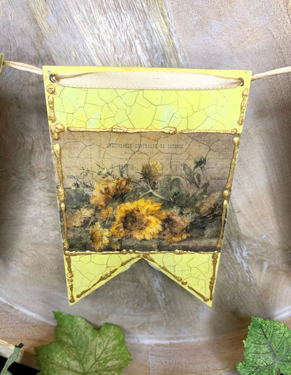 Handcrafted, Mixed Media, Shabby Chic, Decoupage, Flag, Banner, Bunting, Garland, Sunflowers, Fall, Autumn Decoration, Laser Cut MDF Handmade by Pamela