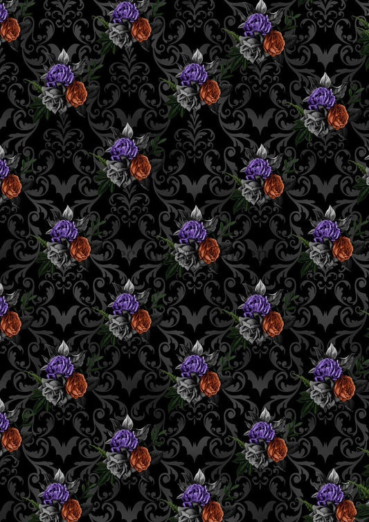 Decoupage Queen, Rice Paper, 2023 Fall Release, DPRP-0505 A4, Decoupage 8.3" X 11.7", Halloween, Floral, Roses, Purple, Black, Wallpaper