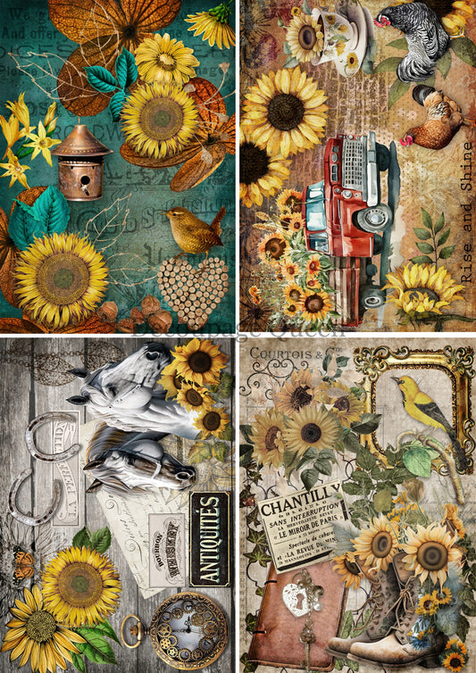 Decoupage Queen, Rice Paper, 2023 Fall Release, DPRP-0495 A4, Decoupage 8.3" X 11.7", Sunflowers, 4 Pack, Fall, Autumn, Wallpaper