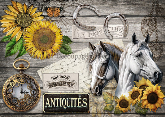 Decoupage Queen, Rice Paper, 2023 Fall Release, DPRP-0493 A4, Decoupage 8.3" X 11.7",  Sunflowers, Horses, Antiques, Fall, Autumn