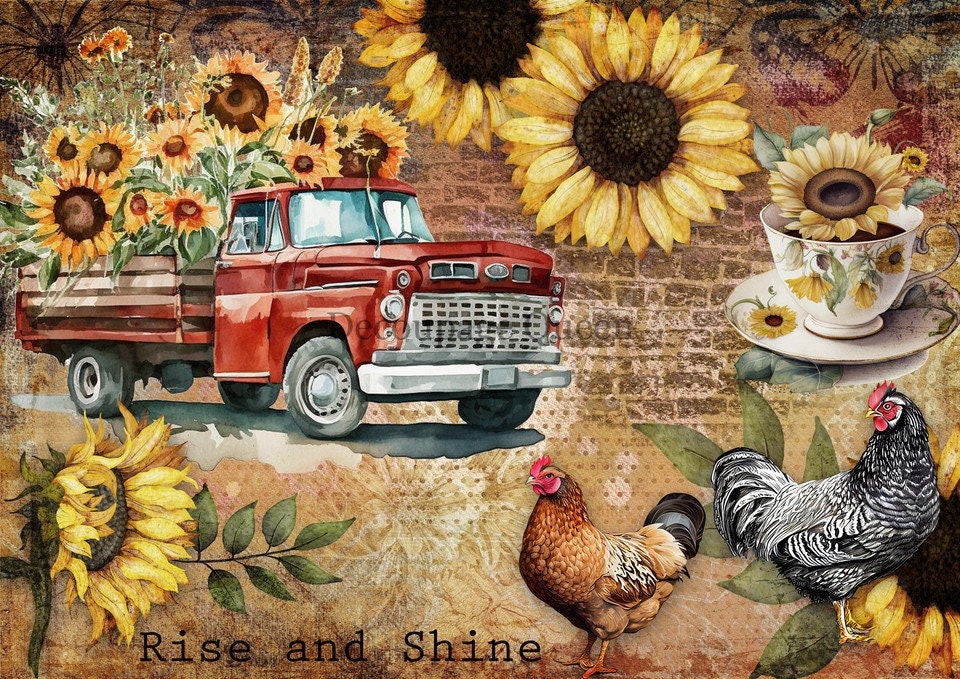 Decoupage Queen, Rice Paper, 2023 Fall Release, DPRP-0491 A4, Decoupage 8.3" X 11.7", Sunflowers, Vintage Red Truck, Chickens, Fall, Autumn