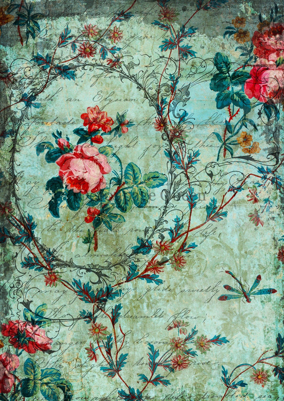 Decoupage Queen, Rice Paper, 2023 Fall Release, DPRP-0452 A4, Decoupage 8.3" X 11.7", Vintage, Floral, Teal, Red Roses, Vines