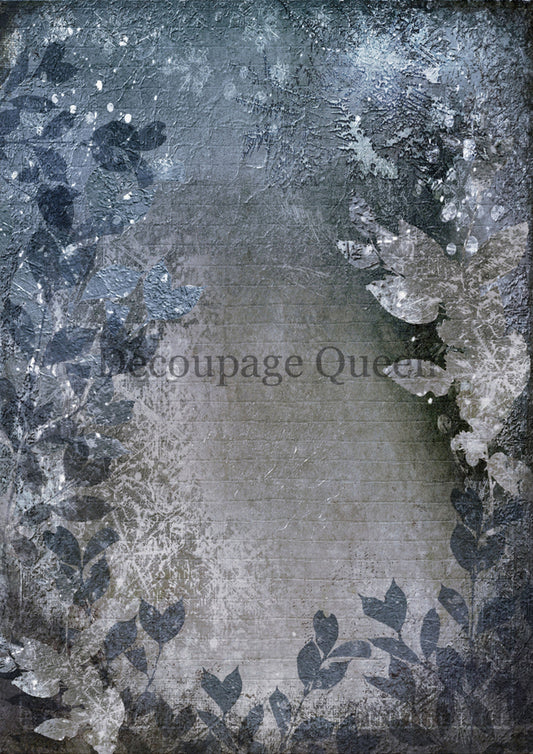 Decoupage Queen, Rice Paper, 2023 Fall Release, DPRP-0478 A4, Decoupage 8.3" X 11.7", Blue, Silver, Sky, Background, Leaves, Wallpaper