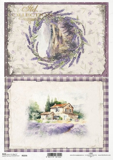 ITD Collection Rice Paper for Decoupage R2235, A4 8.27x11.7-inch, Views, Lavender Fields, Lavender, Landscape, House, Landscape, Flowers