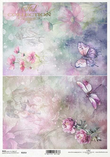 ITD Collection Rice Paper for Decoupage R2253, A4 8.27x11.7-inch, Butterflies, Flowers, Pastels, Peonies, Couples, Love, Background