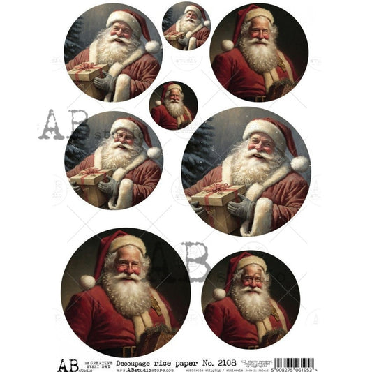 AB Studio, Shabby Chic, Christmas, Holiday, Ornament, Vintage, Santa, Rounds 2108 Size: A4 - 8.27 X 11.69 inches Rice Paper for Decoupage