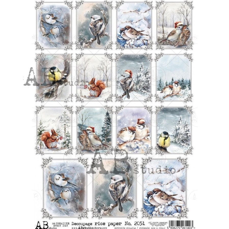 AB Studio Christmas, Christmas, Blue, White, Winter, Birds, Squares, Snow, Trees, 2051, A4, 8.27 X 11.69 Rice Paper, Decoupage, Ornaments