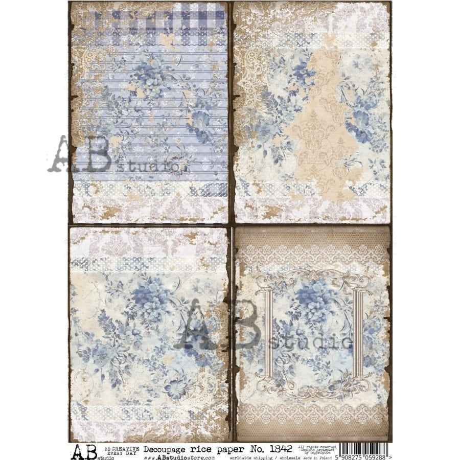 AB Studio, Rice Paper, Decoupage, Shabby Chic, Vintage, Victorian, Blue, White, Lace, Floral, Squares, Antique Style, 1842 A4 8.27 X 11.69