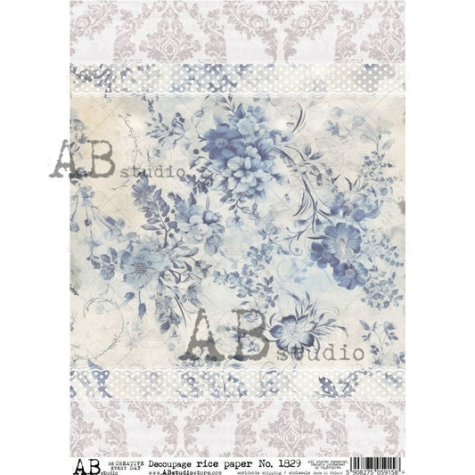 AB Studio, Shabby Chic, Vintage, Victorian, Blue, White, Lace, Antique Style, 1829 A4 8.27 X 11.69 inches Rice Paper for Decoupage Imported