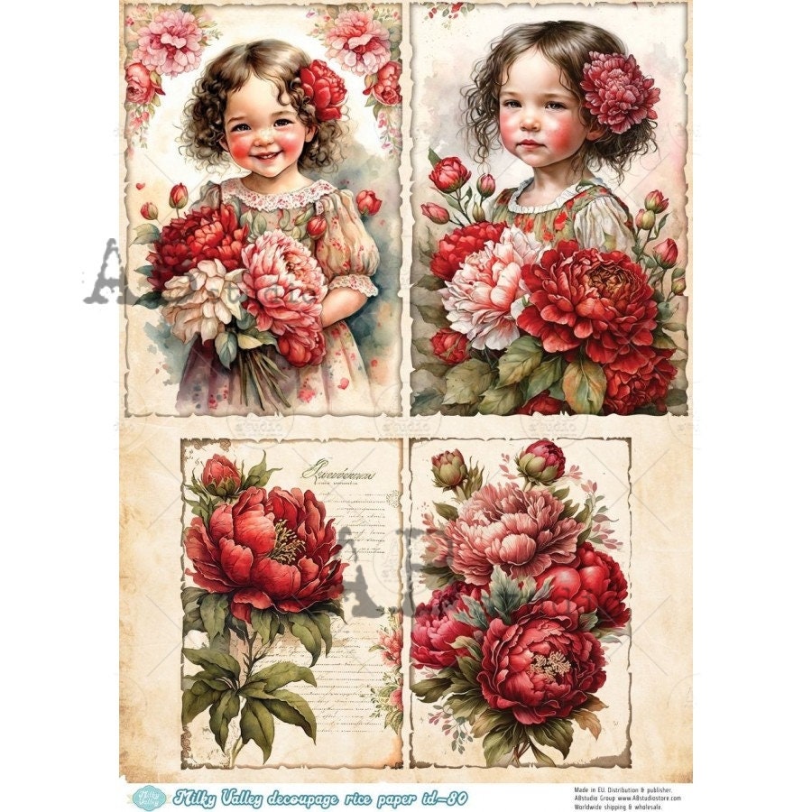 AB Studio, Milky Valley, Rice Paper, Decoupage, Vintage Girls, Portraits, Red Peonies, Squares, Shabby Chic, ID-80, A4 8.27 X 11.69 Imported