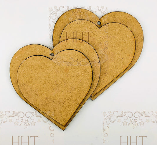 Laser Cut MDF, Blank, Base Heart, Ornament Set 2 with overlay, 4 pcs, Decoupage, Mixed Media, 4.75 x 4.5 in, 1/8" , 12cm x 11cm