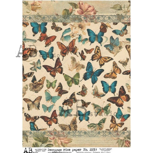 AB Studio, Rice Paper for Decoupage, Butterflies, Wallpaper, Floral Background, Vintage Style, Shabby chic, floral, 2239, A4, 8.27 X 11.69