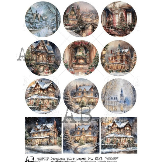 AB Studio, Rice Paper, Decoupage, Christmas, Houses, Rounds, Victorian, Winter, Ornament, Rounds, Scenes, 2171 Size: A4 - 8.27 X 11.69 in