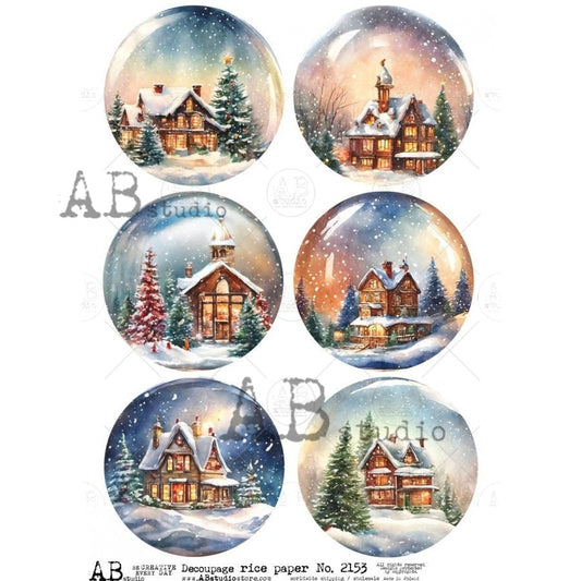 AB Studio, Rice Paper, Decoupage, Christmas, Houses, Rounds, Cabins, Winter, Ornament, Rounds, Scenes, 2153 Size: A4 - 8.27 X 11.69 in