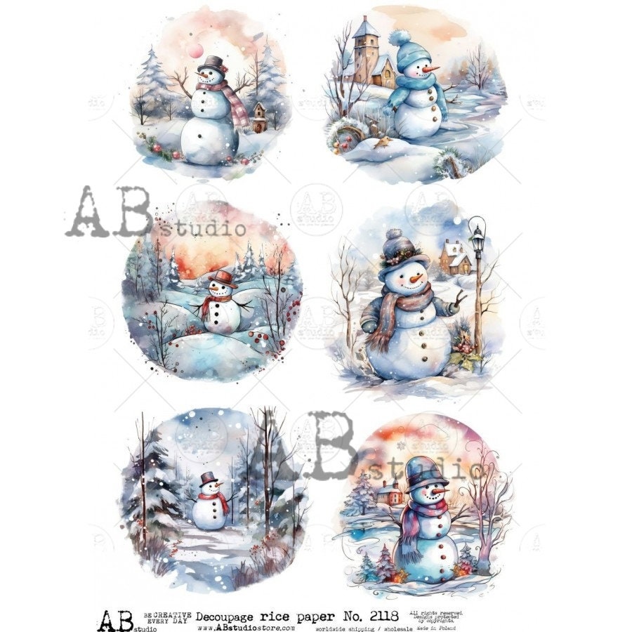 AB Studio, Rice Paper, Decoupage, Christmas, Snowman, Winter, Forest, Rounds, Ornament, Scenes, 2118, A4, 8.27 X 11.69 in