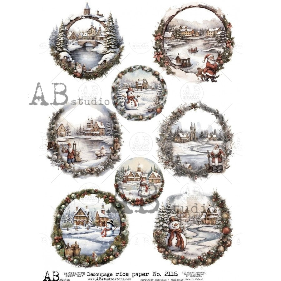 AB Studio, Rice Paper, Decoupage, Christmas, Snowman, Winter, Landscape, Santa, Rounds, Ornament, Scenes, Wreaths, 2116, A4, 8.27 X 11.69 in