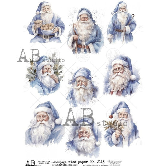 AB Studio, Rice Paper, Decoupage, Christmas, Vintage, Blue, White, Santa, Rounds, Ornaments, Decorations, 2113, A4  8.27 X 11.69