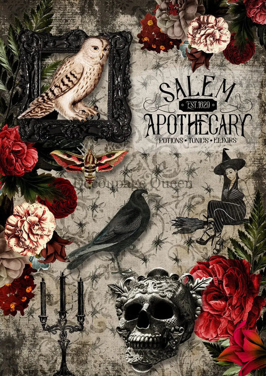 Decoupage Queen, Rice Paper, 2023 Fall Release, DPRP-0501 A4, A3, Decoupage, Halloween, Apothecary, Roses, Skull, Raven, Owl, Salem Decoupage Queen