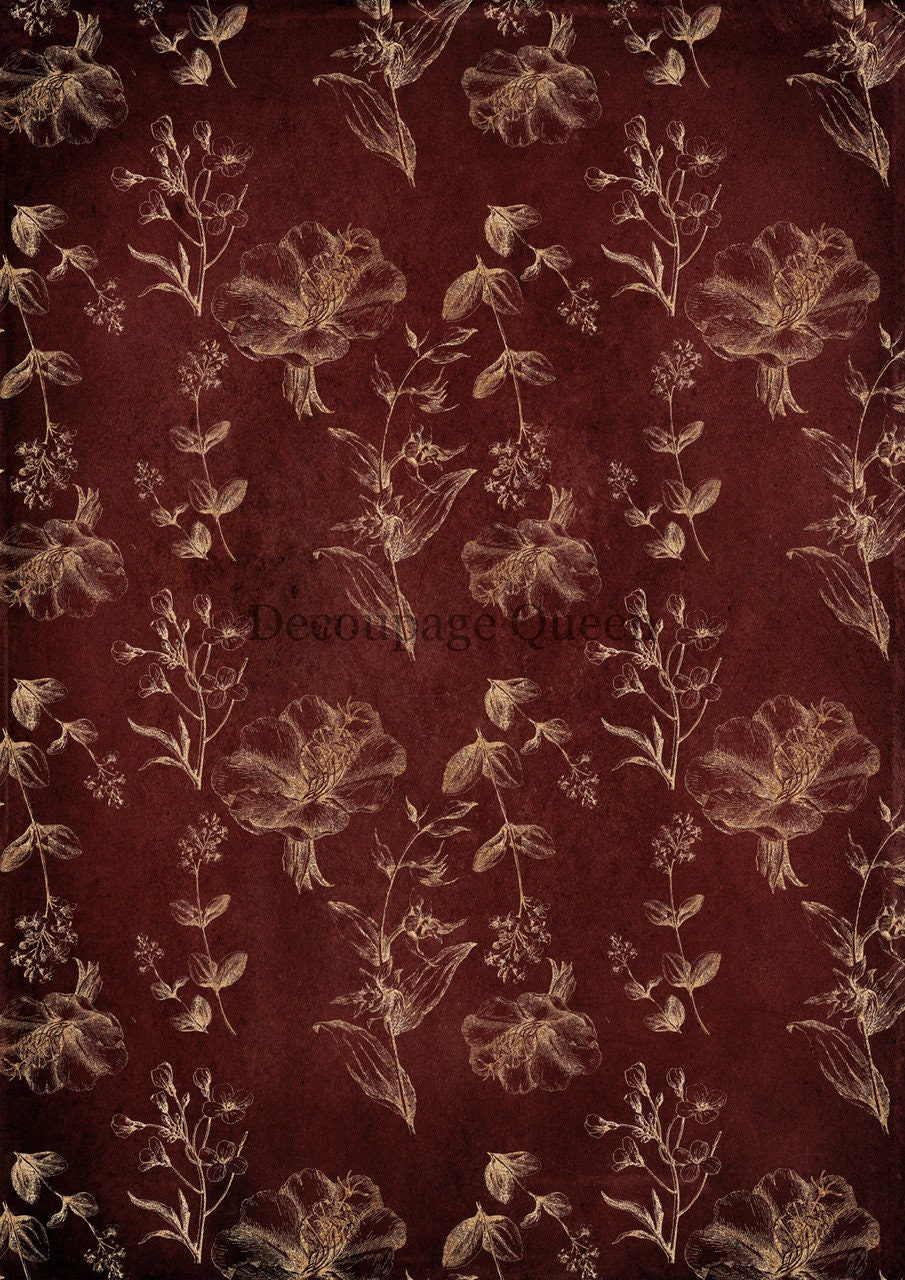 Decoupage Queen, Rice Paper, 2023 Fall Release, DPRP-0487 A4, Decoupage 8.3" X 11.7", Red, Gold, Floral, Vintage Style, Wallpaper