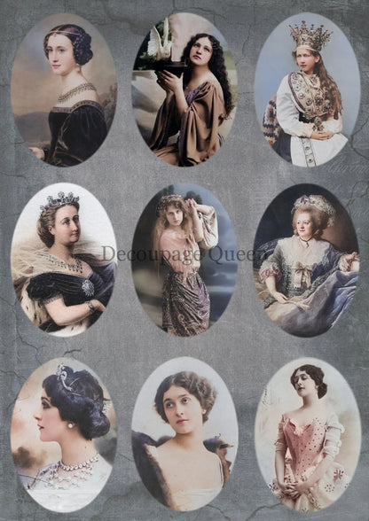 Decoupage Queen, Rice Paper, 2023 Fall Release, DPRP-0480 A4, Decoupage 8.3" X 11.7", Vintage, Ladies, Oval Portraits, Antique Style, Queens Decoupage Queen