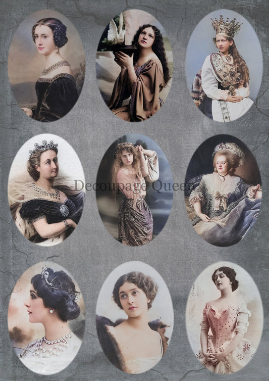 Decoupage Queen, Rice Paper, 2023 Fall Release, DPRP-0480 A4, Decoupage 8.3" X 11.7", Vintage, Ladies, Oval Portraits, Antique Style, Queens