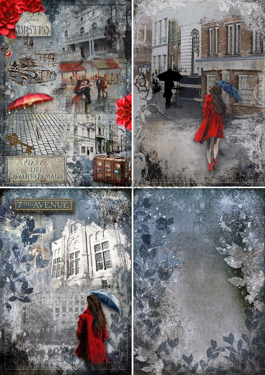 Decoupage Queen, Rice Paper, 2023 Fall Release, DPRP-0479 A4, Decoupage 8.3" X 11.7", Queen in the City, Lady, City Landscape, Blue sky