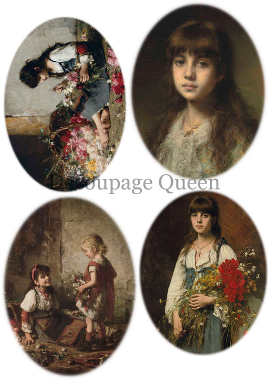 Decoupage Queen, Rice Paper, 2023 Fall Release, DPRP-0464 A4, Decoupage 8.3" X 11.7", Vintage Children Paintings, Ovals, Alexei Harlamoff