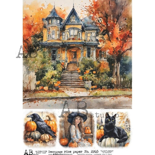 AB Studio, Rice Paper for Decoupage, Haunted House, Halloween, Black Cat, Pumpkins, Witch, Crow, Squares, 2265, A4, 8.27 X 11.69 in Imported