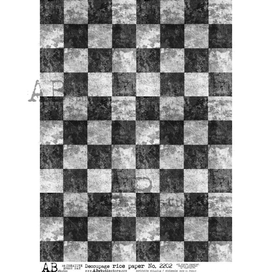 AB Studio, Rice Paper for Decoupage, Black, White, Checkerboard,  Wallpaper, Background, Vintage Style, Shabby chic, 2202, A4, 8.27 X 11.69