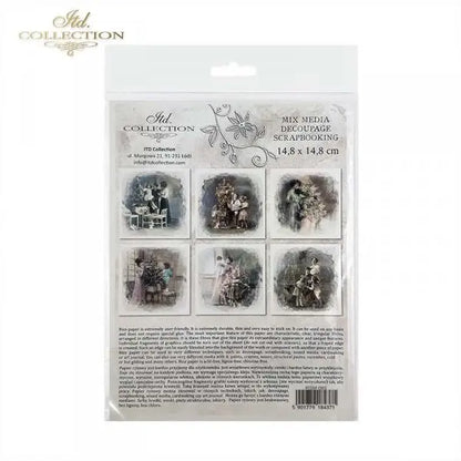 ITD Collection, Rice Paper, Mini Set, Decoupage RSM085, 6 sheets, Vintage, Family, Christmas Tree, Children, Celebrating, Ornament Rounds ITD Collection
