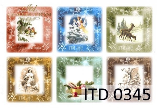 ITD Collection, Thin, Classic Paper, Decoupage, Mixed Media, D0345M, Size A4, 8.27x11.7 in, Christmas, Squares, Vintage, Deer, Birds, Angels