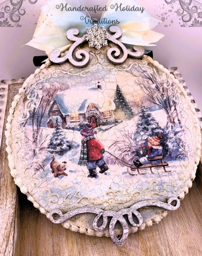 Handcrafted, Shabby Chic, Mixed Media, Decoupage Ornament, Christmas, Winter Scenes, MDF, Snow, Ice, Mixed Media, Blue, Holiday Decoration Handmade by Pamela