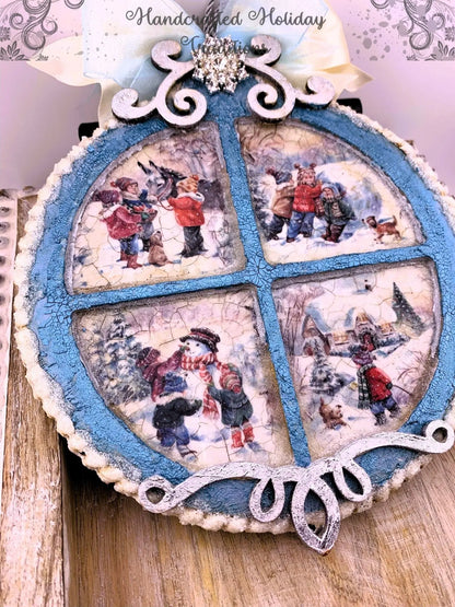 Handcrafted, Shabby Chic, Mixed Media, Decoupage Ornament, Christmas, Winter Scenes, MDF, Snow, Ice, Mixed Media, Blue, Holiday Decoration Handmade by Pamela