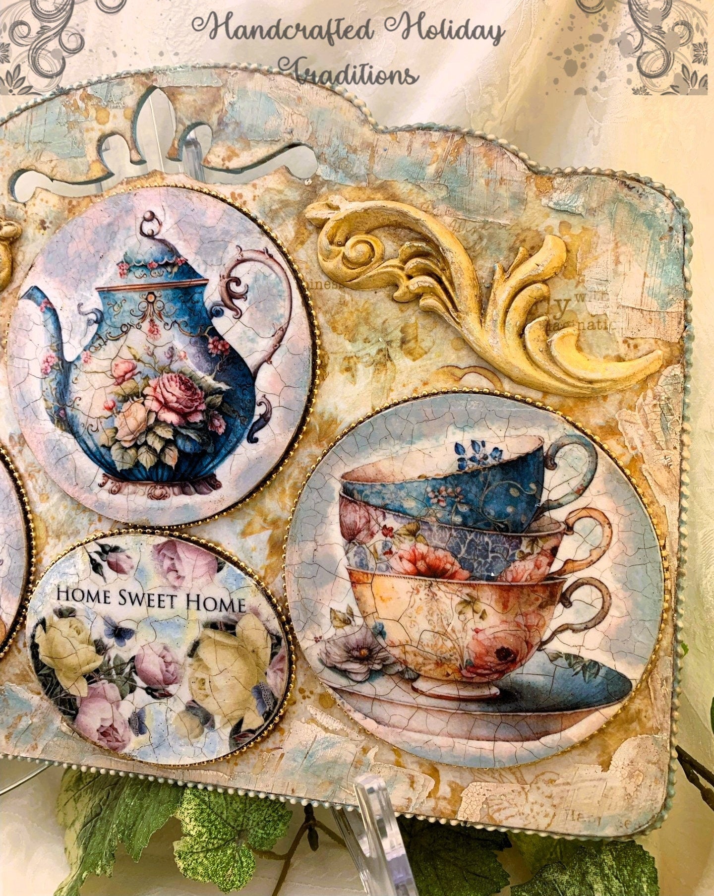 Handcrafted, Mixed Media, Shabby Chic, Decoupage, Tea Cups, Tea Pot, Plaque, Vintage Style,  Antique Style, Wall, Home Decor, Laser Cut MDF