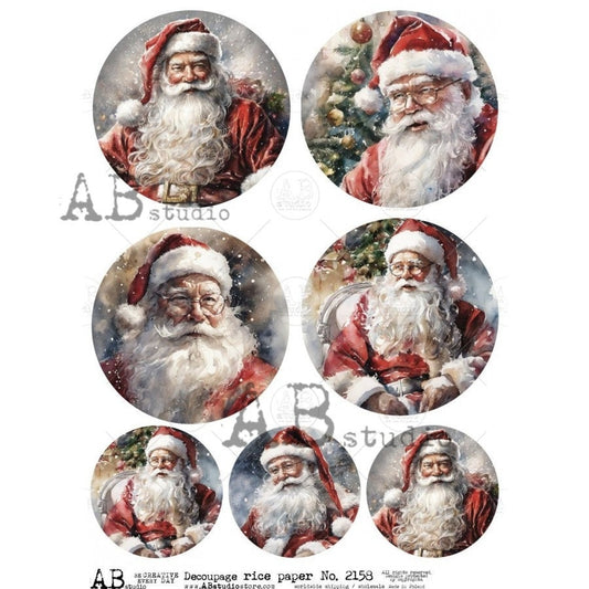 AB Studio, Rice Paper, Decoupage, Christmas, Vintage, Santa, Rounds, Ornaments, Decorations, 2158, A4  8.27 X 11.69