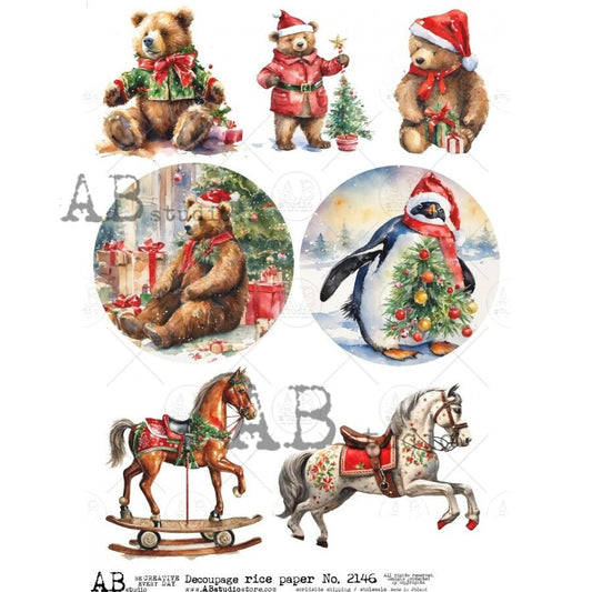 AB Studio, Rice Paper, Decoupage, Christmas, Teddy Bears, Penguins, Toys, Rocking Horse, Ornament, Rounds, 2146, A4 - 8.27 X 11.69 in