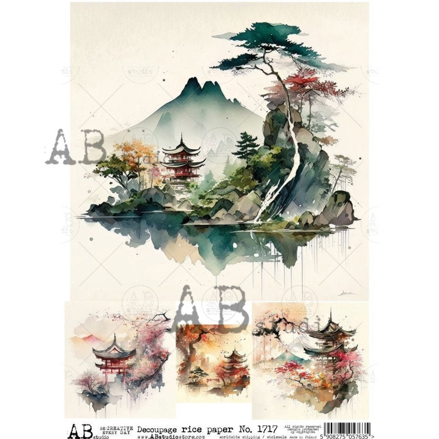 AB Studio, Rice Paper for Decoupage, Shabby Chic, Asian, Landscape, Bridges, Japanese, Trees, Flowers, 1717, A4 8.27 X 11.69 Imported Poland