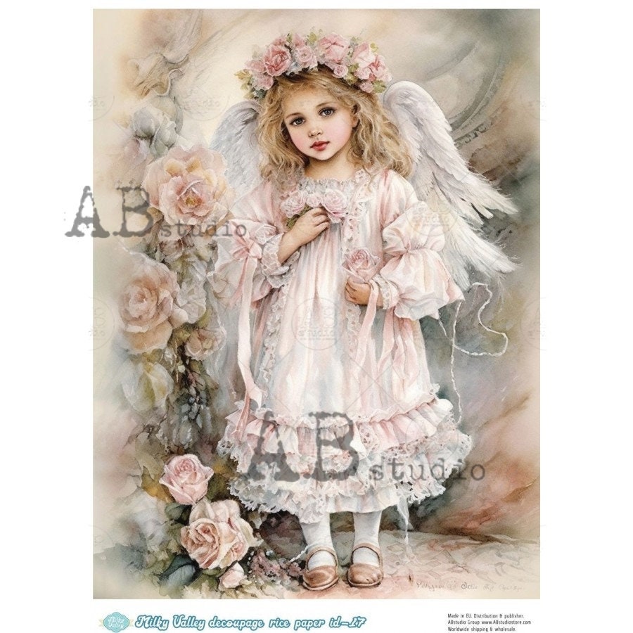 AB Studio, Milky Valley, Rice Paper, Decoupage, Shabby Chic, Vintage Style, Child, Girl, Lace, Angel, Roses, ID-17, A4 8.27 X 11.69