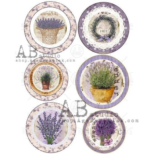 AB Studio, Rice Paper, Decoupage, Shabby Chic, Lavender, Purple, Rounds, Provence, Potted, Wreaths, A4, 0376, 8.27 X 11.69