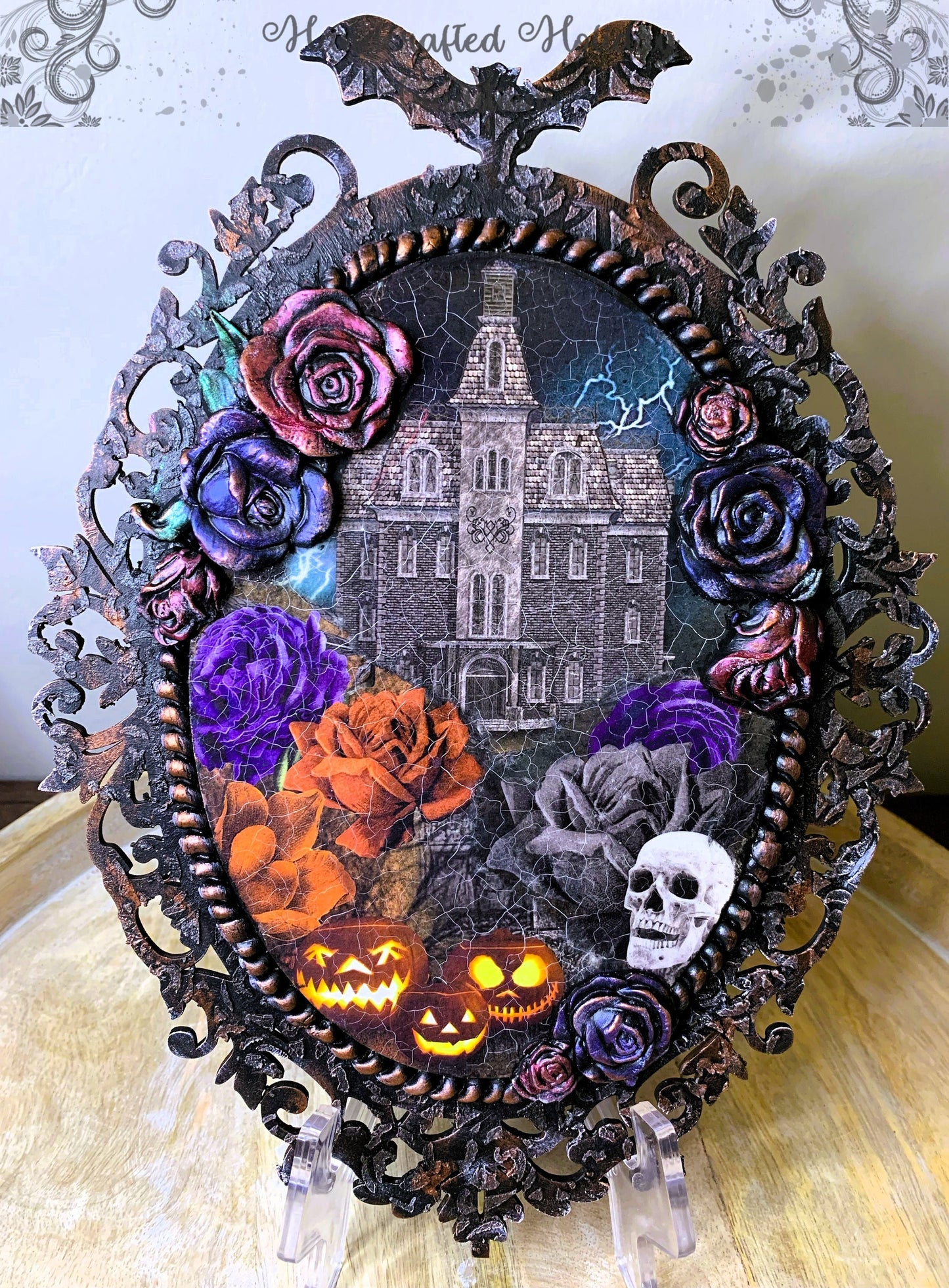 Laser Cut MDF, Blank, Base, Center Overlay Oval Panel, Wall, Plaque, 2 pc, Decoupage, Mixed Media, Vintage Style, Halloween, Bat, wall Art