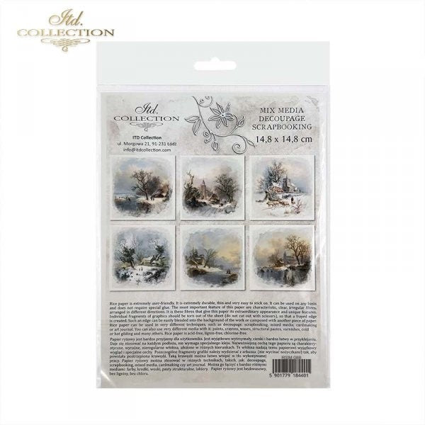 ITD Collection, Rice Paper, Mini Set, Decoupage RSM088, 6 sheets, Christmas, Snow, Winter Landscape, Rounds, Holiday Themes, Ornament Rounds