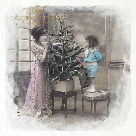 ITD Collection, Rice Paper, Mini Set, Decoupage RSM085, 6 sheets, Vintage, Family, Christmas Tree, Children, Celebrating, Ornament Rounds